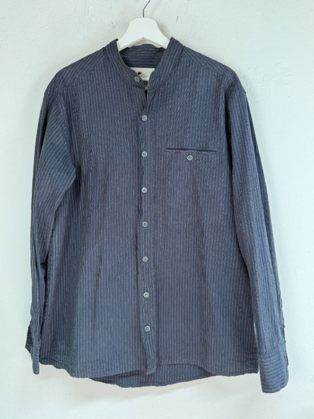 Lee Valley Ireland Mens Navy Pinstripe Band Collar Shirt Size Large Long Sleeve